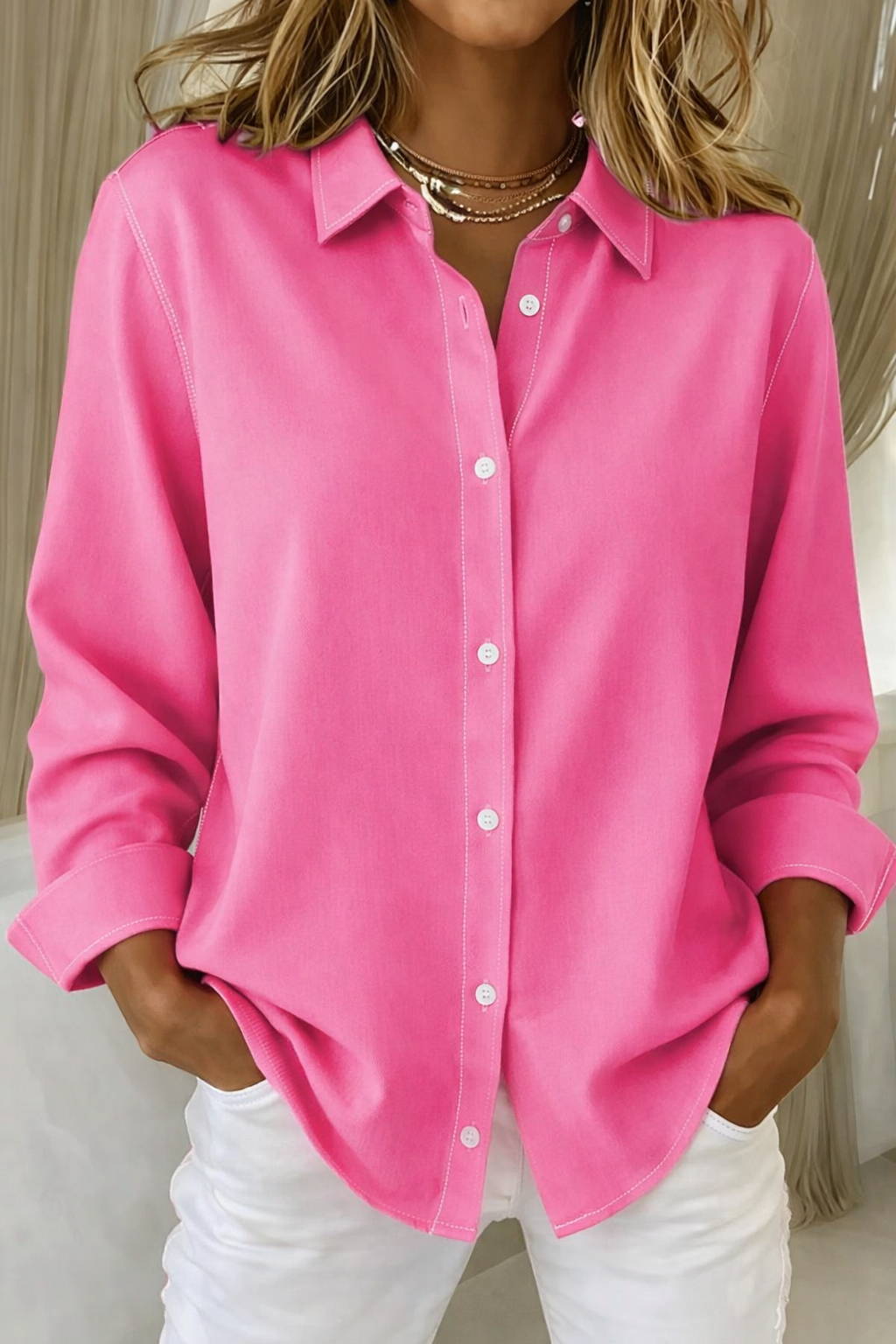 Casual button front relaxed fit blouse in fuchsia, front view