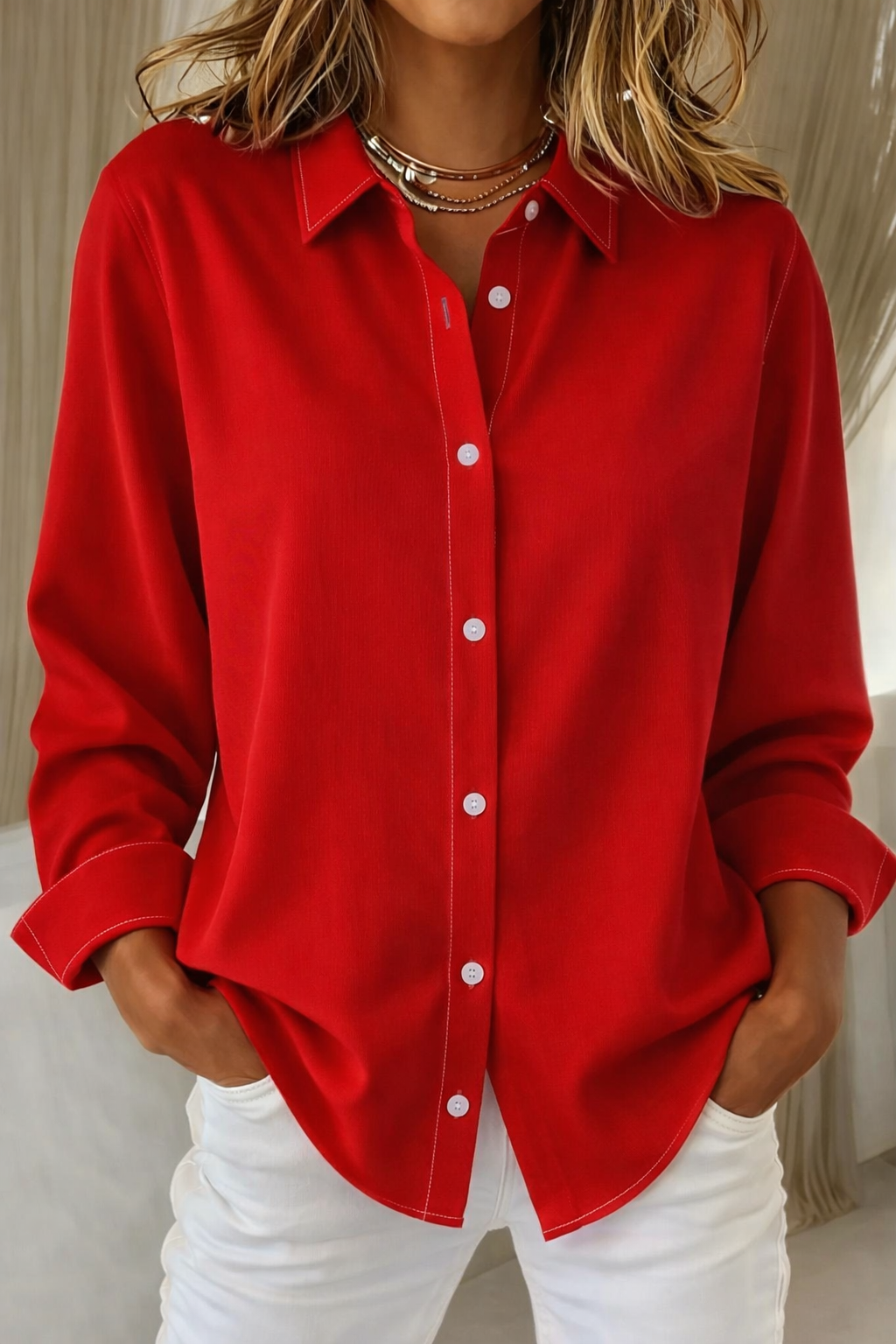 Pink casual button front blouse women summer, front view