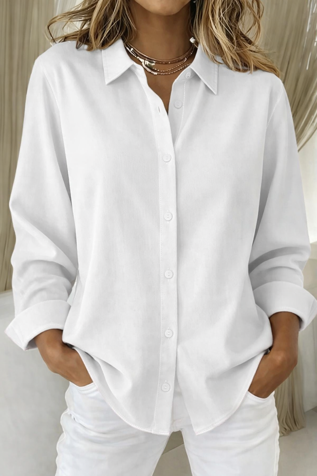 White button front relaxed fit summer blouse, front view