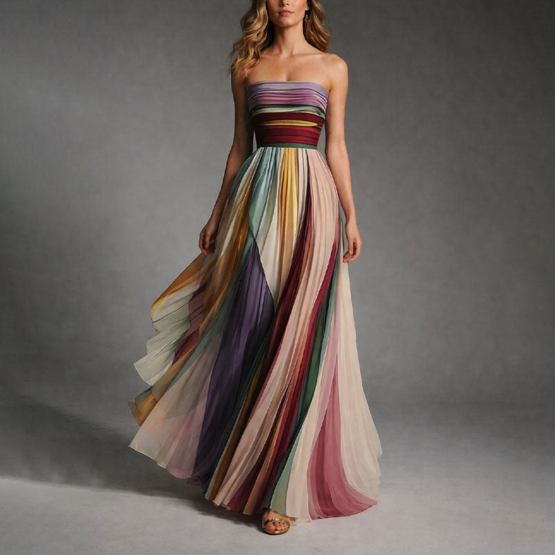 Multi-Color Strapless Pleated Maxi Dress
