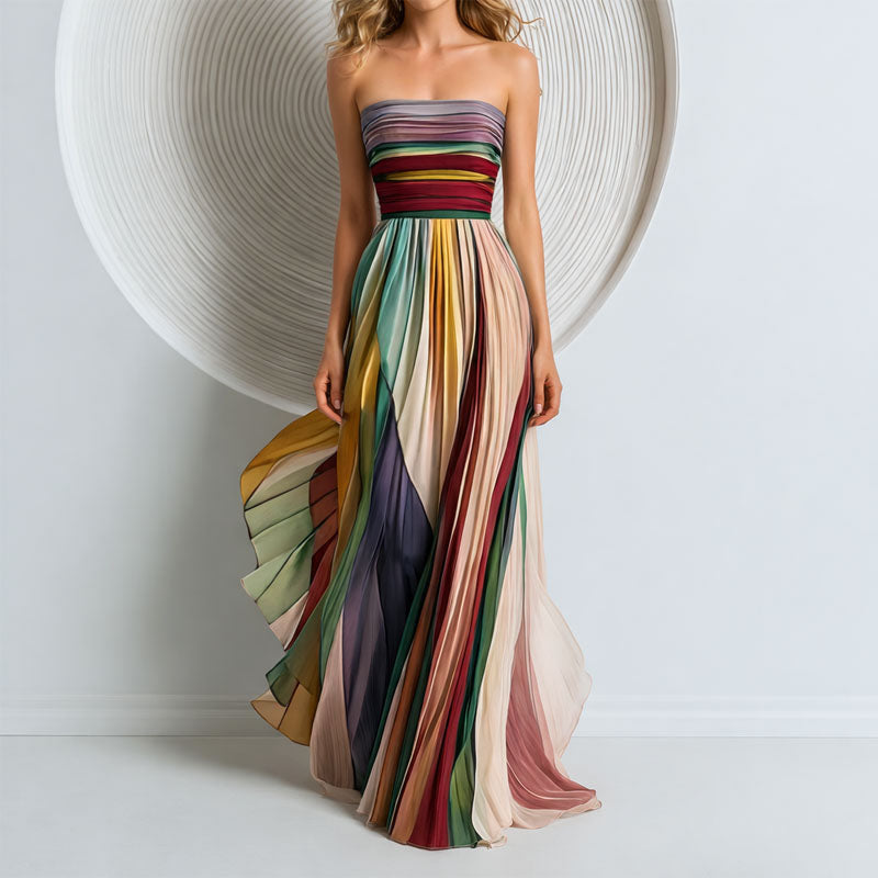 Multi-Color Strapless Pleated Maxi Dress, front view