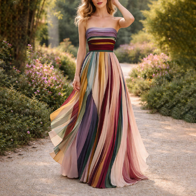 Multi-Color Strapless Pleated Maxi Dress