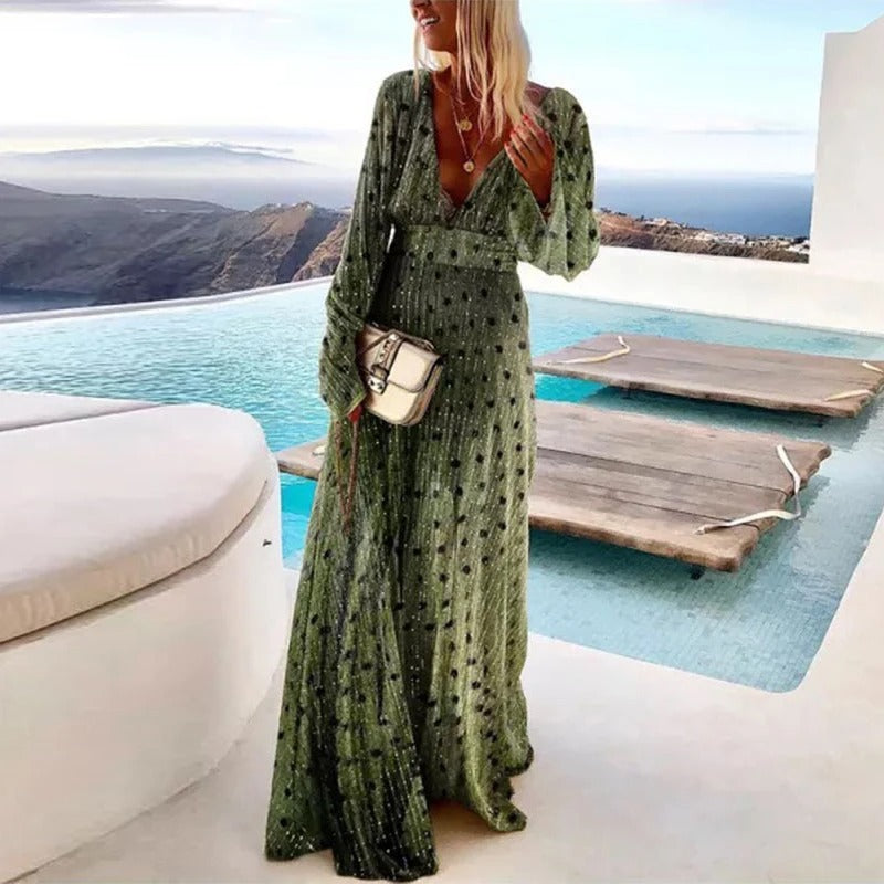 Deep V Neck Long Sleeve Shimmer Maxi Dress