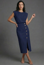 Shift Work Sleeveless Button Detail Midi Dress