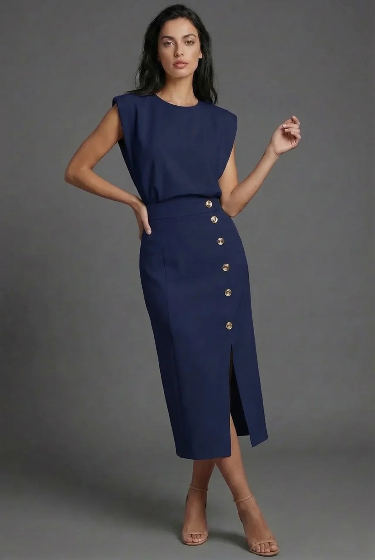 Shift Work Sleeveless Button Detail Midi Dress