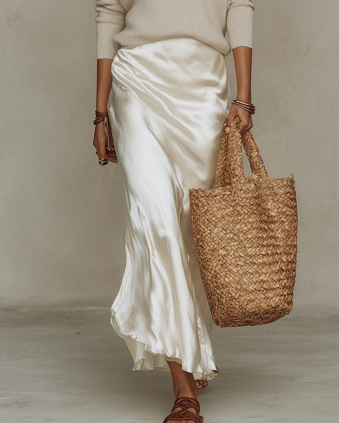 White Satin Midi Dress with Sweater
