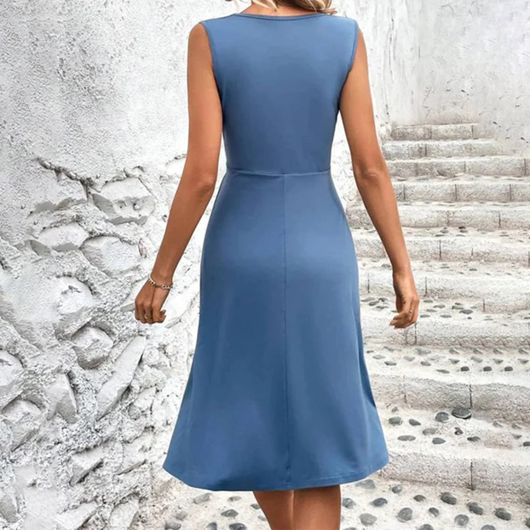 Ruched V Neck Sleeveless Wedding Guest Midi Dress