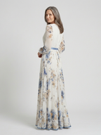 Elegant Floral Pleated Maxi Dress with Long Sleeves and Wrap Bodice