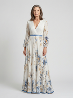 Elegant Floral Pleated Maxi Dress with Long Sleeves and Wrap Bodice