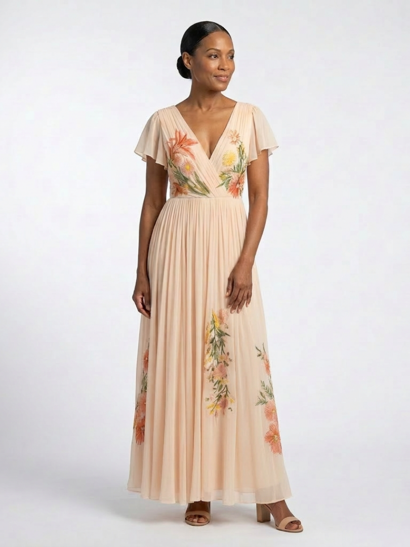 pleated dresses prints elegant Andrea & Leo A1285 Floral Print Long Formal Prom Pleated Dress