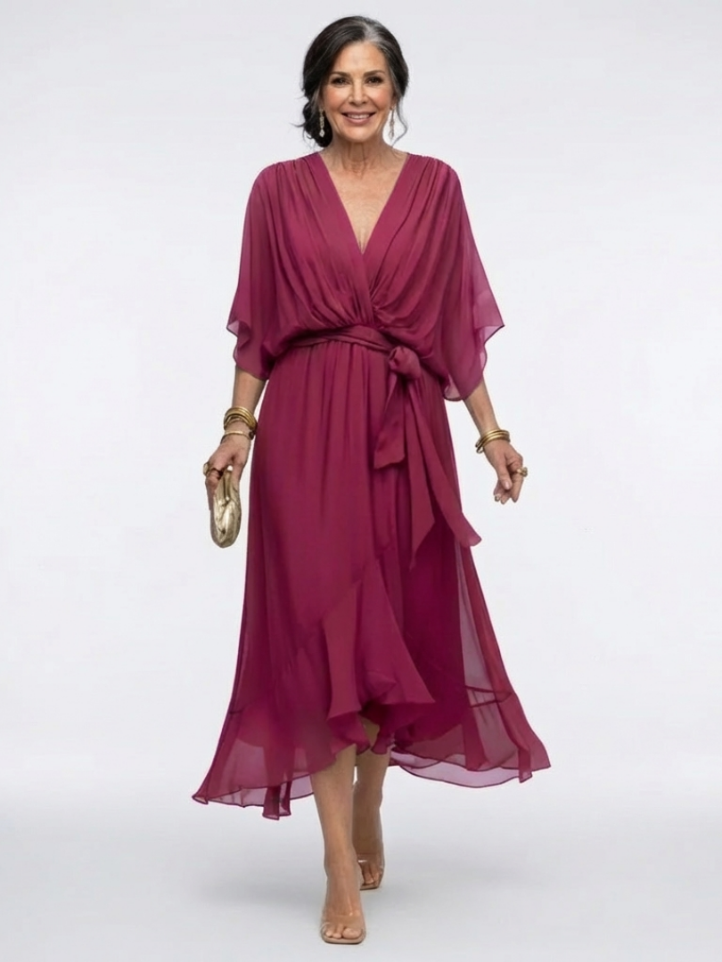 Elegant Wrap Front Midi Dress with Kimono Sleeves and Tie Waist, Red / M Elegant Wrap Front Midi Dress with Kimono Sleeves and Tie Waist, Red / M