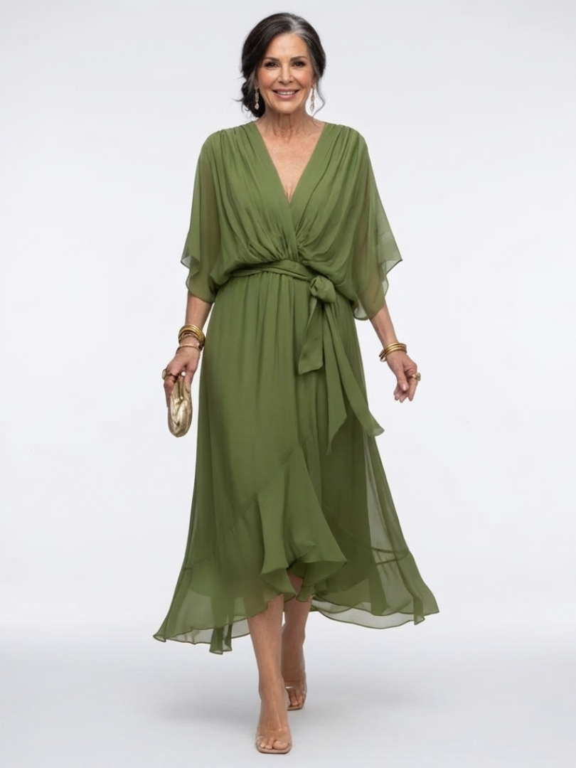 Elegant Wrap Front Midi Dress with Kimono Sleeves and Tie Waist, Green / 4XL Elegant Wrap Front Midi Dress with Kimono Sleeves and Tie Waist, Green / 4XL