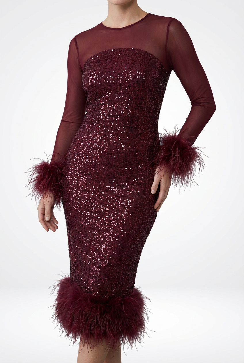 Women’s Feather Patchwork Sequin Midi Dress