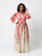 Floral Chiffon Maxi Dress with Long Sleeves and Tie Waist