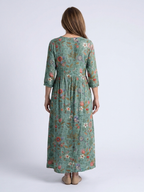 Floral Embroidered Linen Maxi Dress with Three Quarter Sleeves and V-Neckline