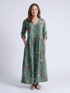 Floral Embroidered Linen Maxi Dress with Three Quarter Sleeves and V-Neckline