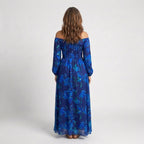 Dark Blue Floral Off Shoulder Maxi Dress with Long Sleeves