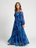 Dark Blue Floral Off Shoulder Maxi Dress with Long Sleeves