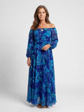 Dark Blue Floral Off Shoulder Maxi Dress with Long Sleeves