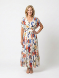 Floral Pleated Maxi Dress with Batwing Sleeves and Gathered Waist