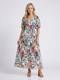 Floral Puff Sleeve Summer Dress with Ruched Waist and V-Neckline