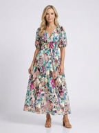 Floral Puff Sleeve Summer Dress with Ruched Waist and V-Neckline