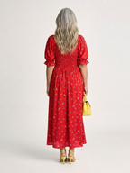 Floral Smocked Bodice Midi Dress with Puff Sleeves and Square Neckline