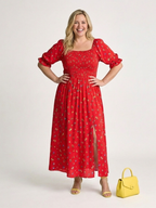 Floral Smocked Bodice Midi Dress with Puff Sleeves and Square Neckline