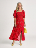 Floral Smocked Bodice Midi Dress with Puff Sleeves and Square Neckline
