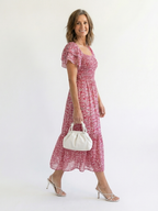 Floral Smocked Midi Dress with Flutter Sleeves and Square Neckline