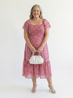 Floral Smocked Midi Dress with Flutter Sleeves and Square Neckline