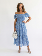Floral Smocked Midi Dress with Flutter Sleeves and Square Neckline