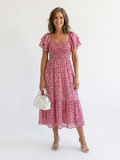 Floral Smocked Midi Dress with Flutter Sleeves and Square Neckline