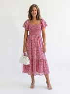 Floral Smocked Midi Dress with Flutter Sleeves and Square Neckline