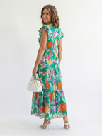 Floral Tiered Maxi Dress with Ruffle Sleeves and V-Neckline