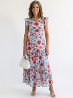 Floral Tiered Maxi Dress with Ruffle Sleeves and V-Neckline