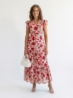Floral Tiered Maxi Dress with Ruffle Sleeves and V-Neckline