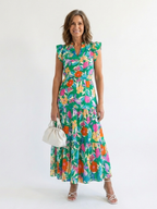 Floral Tiered Maxi Dress with Ruffle Sleeves and V-Neckline
