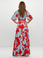 Floral Wrap Front Maxi Dress with Kimono Sleeves and Contrast Waistband