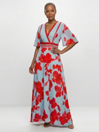 Floral Wrap Front Maxi Dress with Kimono Sleeves and Contrast Waistband