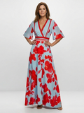 Floral Wrap Front Maxi Dress with Kimono Sleeves and Contrast Waistband