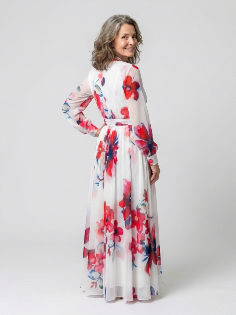 Floral Wrap Front Maxi Dress with Long Sleeves and Tie Waist