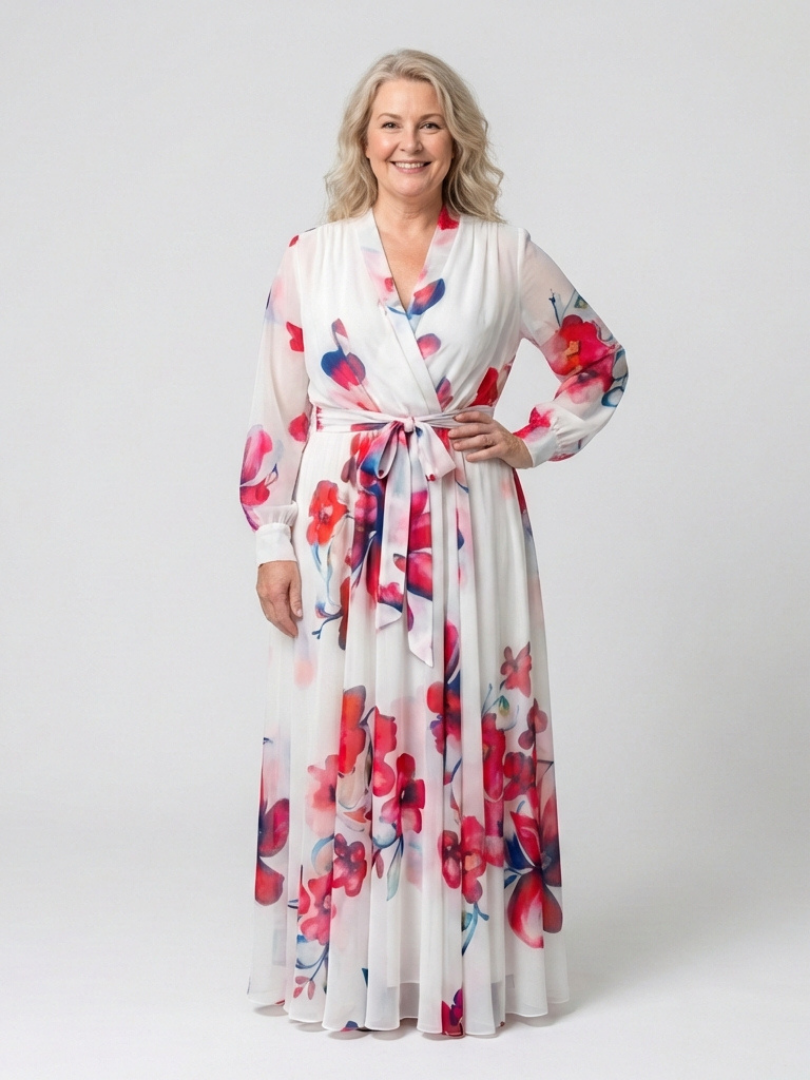 Floral Wrap Front Maxi Dress with Long Sleeves and Tie Waist