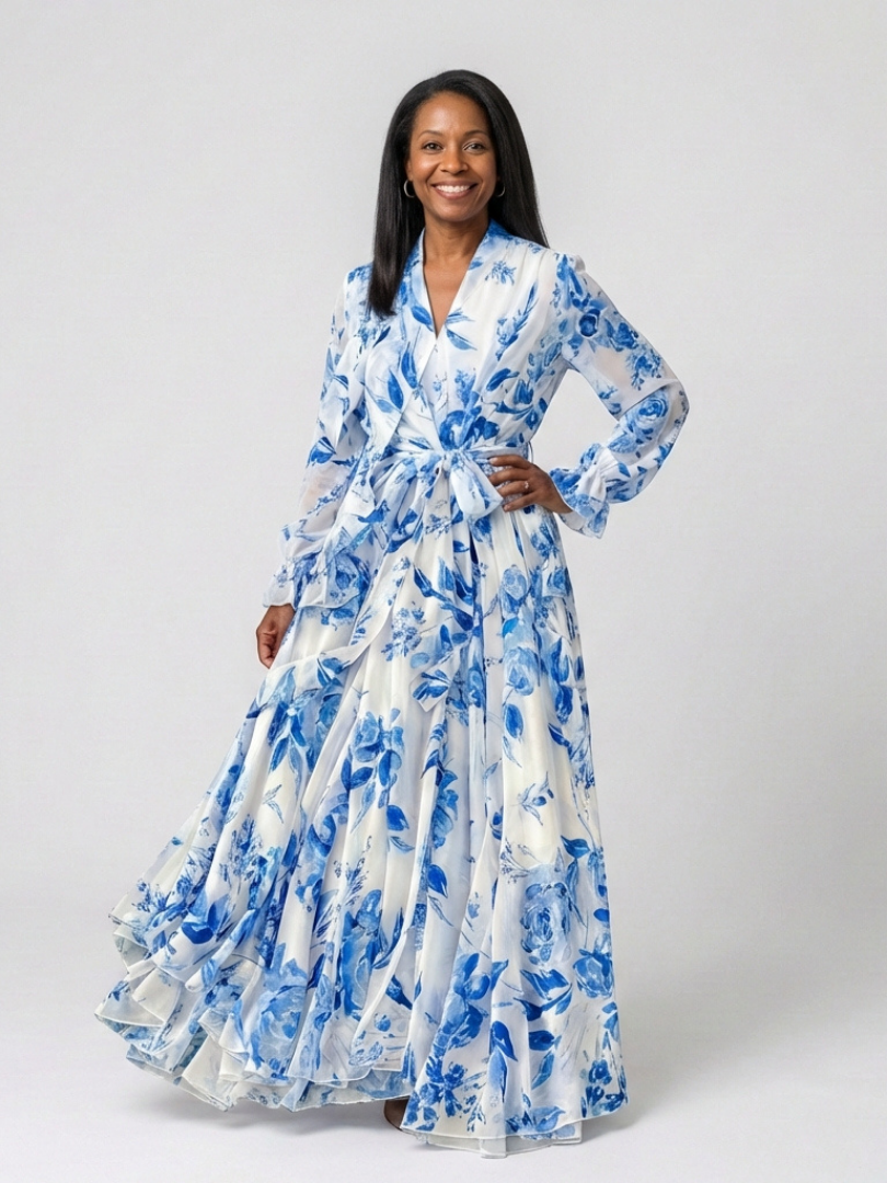 Floral Wrap Front Maxi Dress with Long Sleeves and Tie Waist