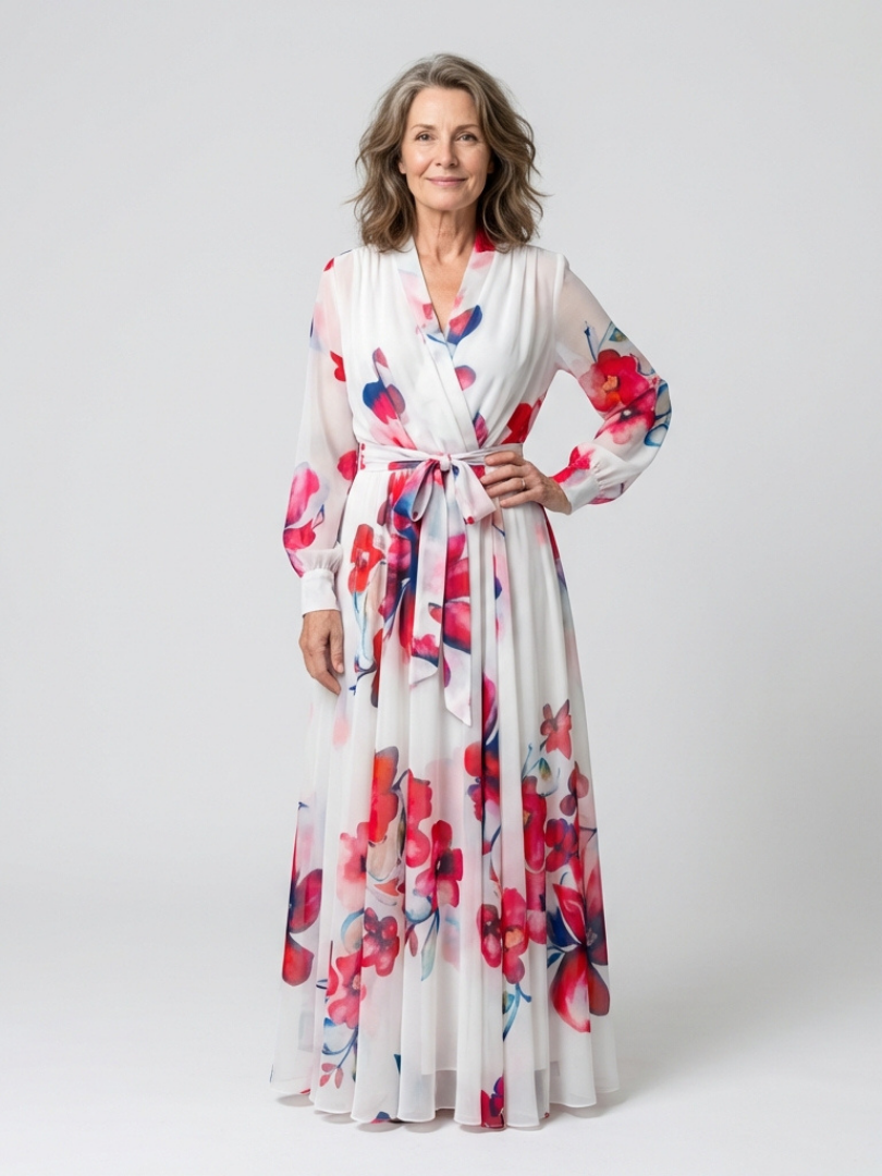 Floral Wrap Front Maxi Dress with Long Sleeves and Tie Waist