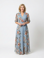 Floral Wrap Maxi Dress with Collared Neckline and Tie Waist
