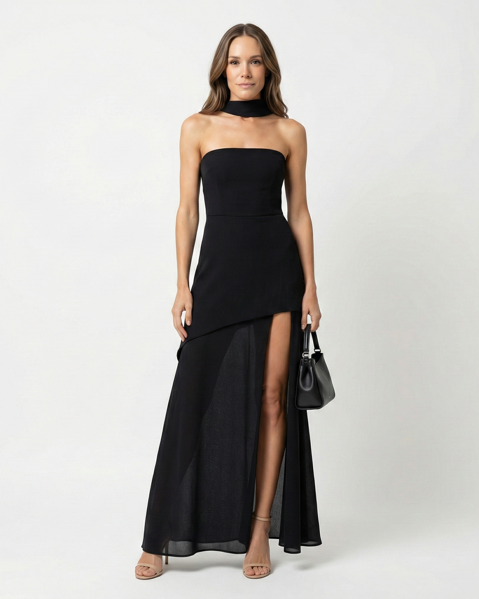Strapless Summer Maxi Dress with Chiffon Overlay and High Slit