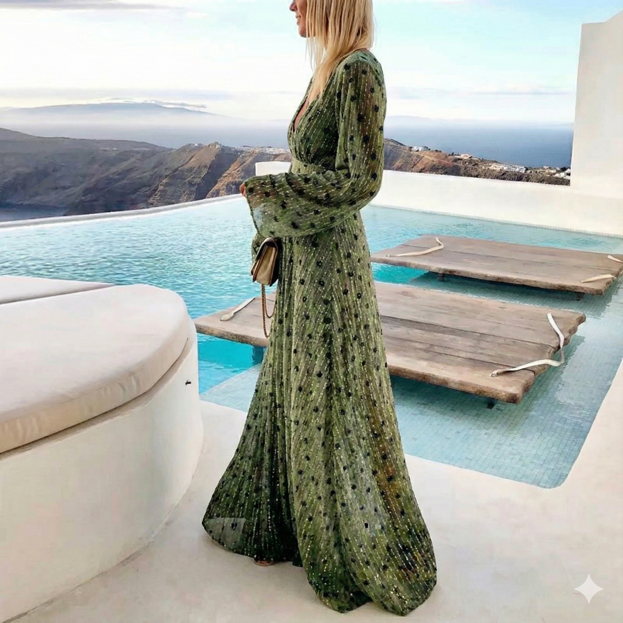 Deep V Neck Long Sleeve Shimmer Maxi Dress