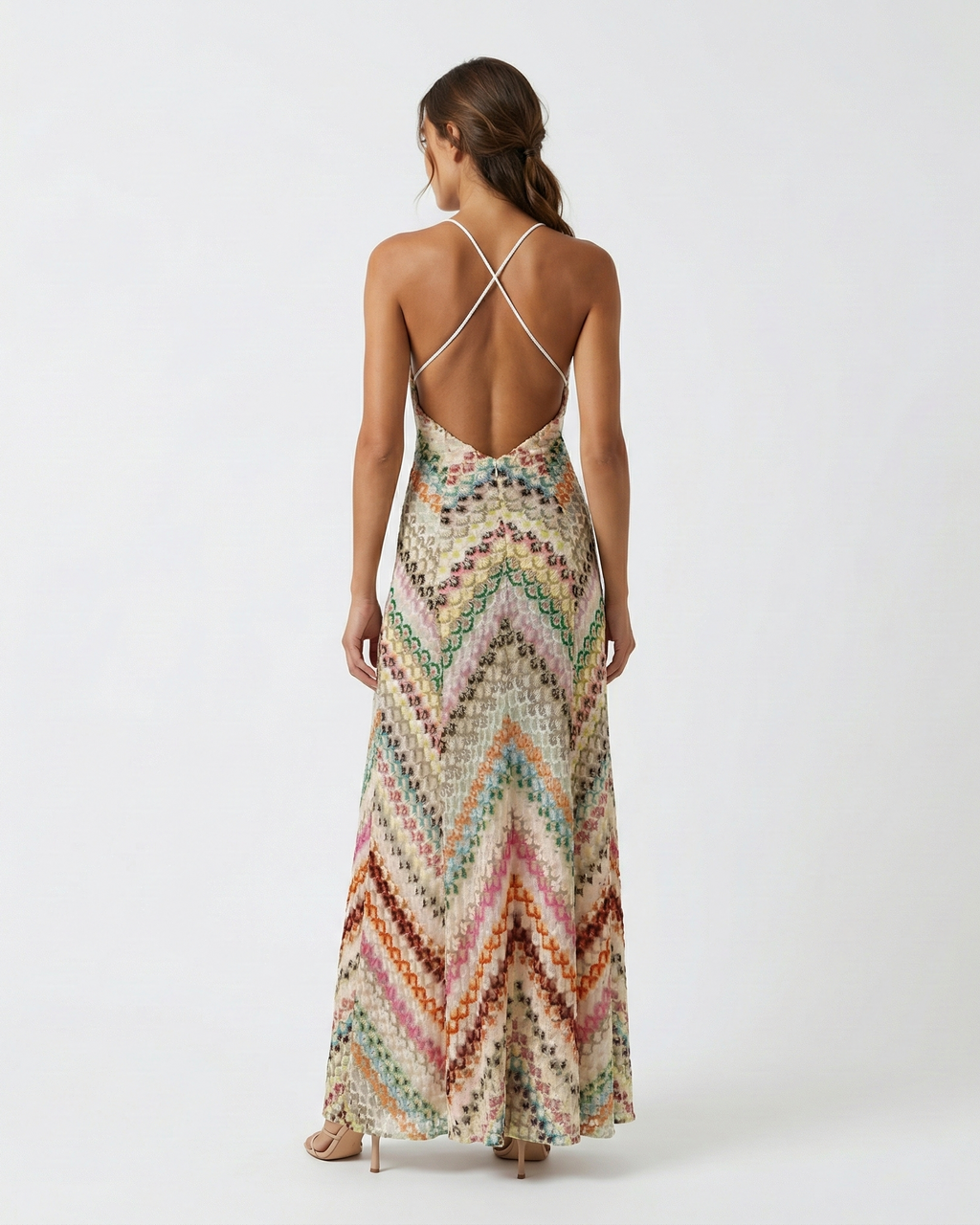 Spaghetti Strap Backless Striped Knit Maxi Dress