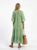Geometric Print Summer Dress with Balloon Sleeves and Tiered Skirt